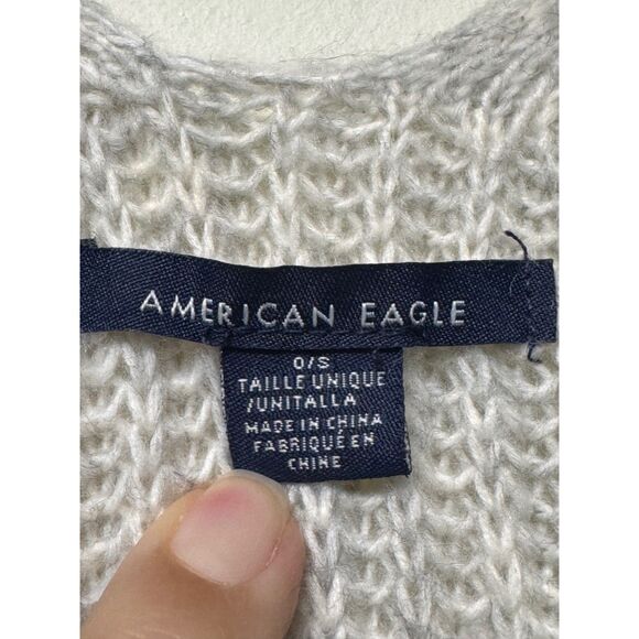 AMERICAN EAGLE Knit Fringe Sweater Poncho, Light Gray, One Size - Picture 9 of 12